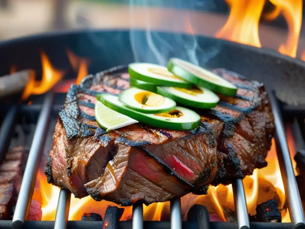 Deliciosa carne asada en la parrilla, jugosa y con marcas de grill, evocando los beneficios de incluirla en tu dieta