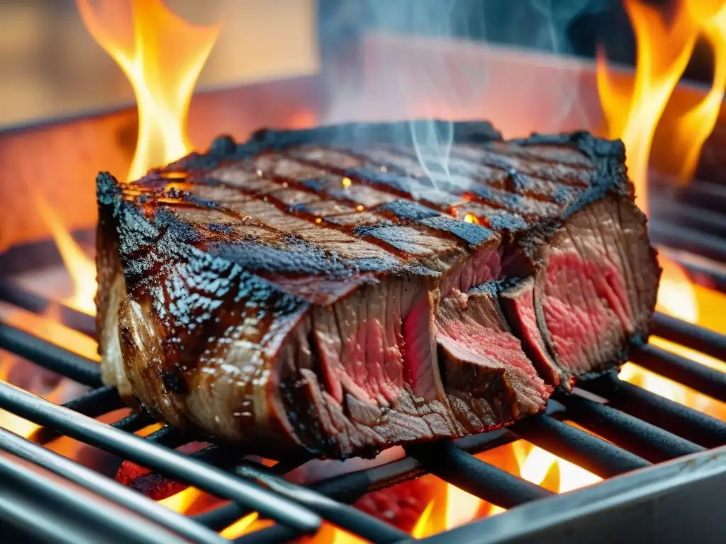 Deliciosa carne asada uruguaya en la parrilla, con marcas y humo, resaltando técnicas asado uruguayo carne