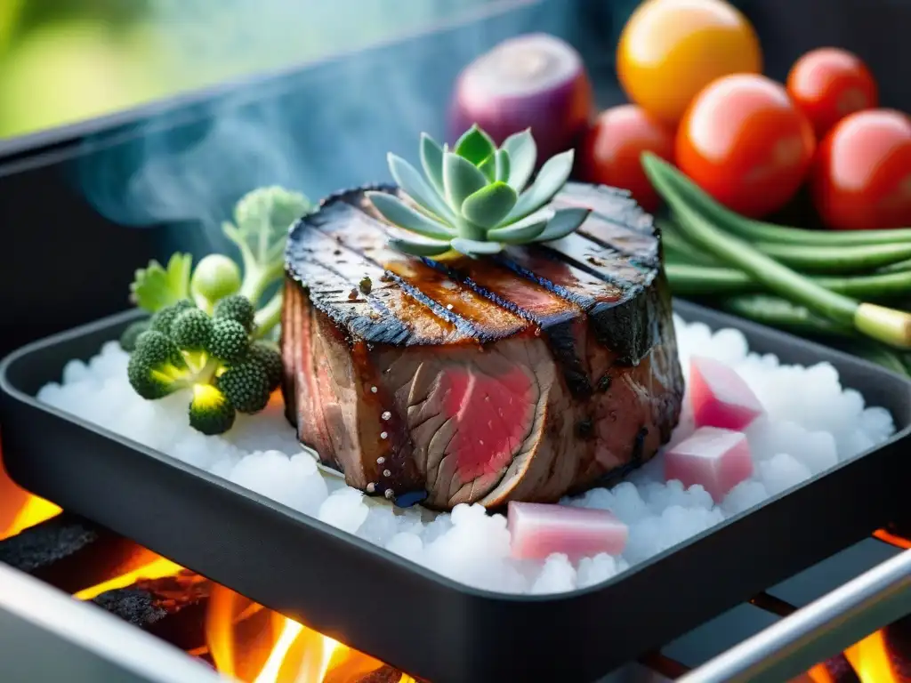 Una deliciosa carne asada en piedras de sal rodeada de vegetales a la parrilla