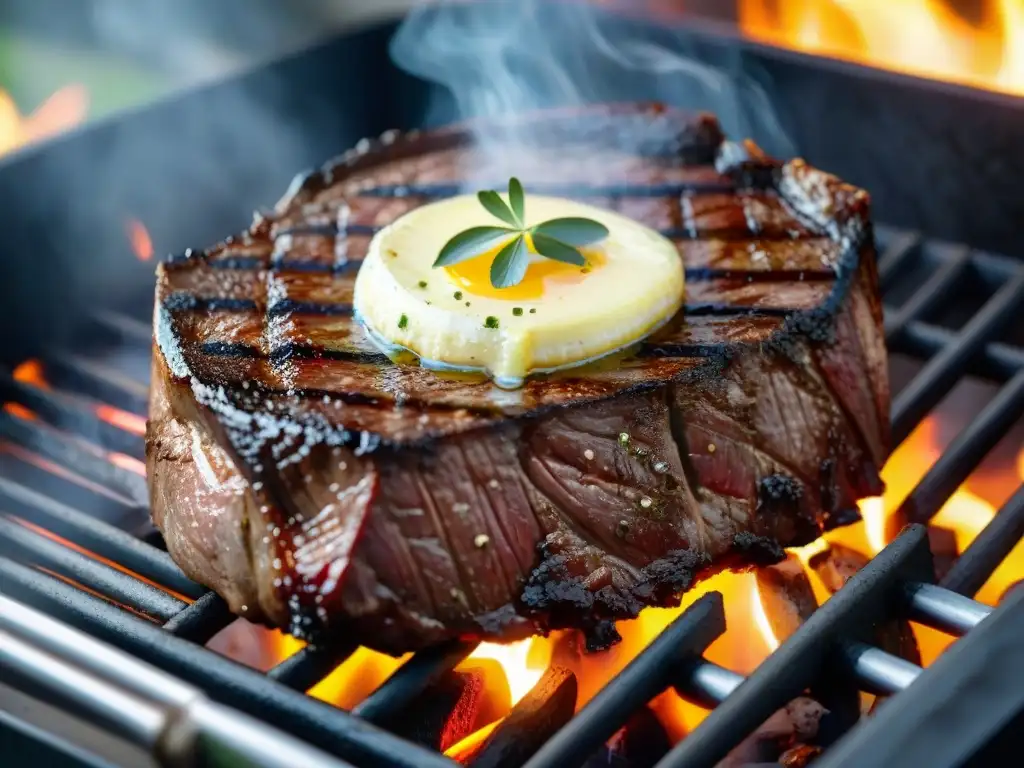 Deliciosa carne asada en su punto ideal de cocción, con mantequilla derretida y hierbas frescas, en una parrilla caliente al aire libre