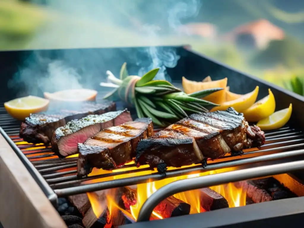 Deliciosa carne de llama asada receta en parrilla con jugos chispeantes y llama danzante al fondo