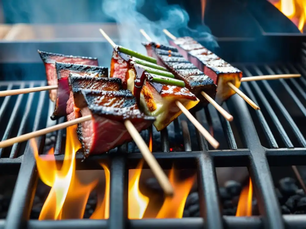 Deliciosa carne de llama asada receta, con suculentas brochetas sizzling en la parrilla y un ambiente de aventura culinaria