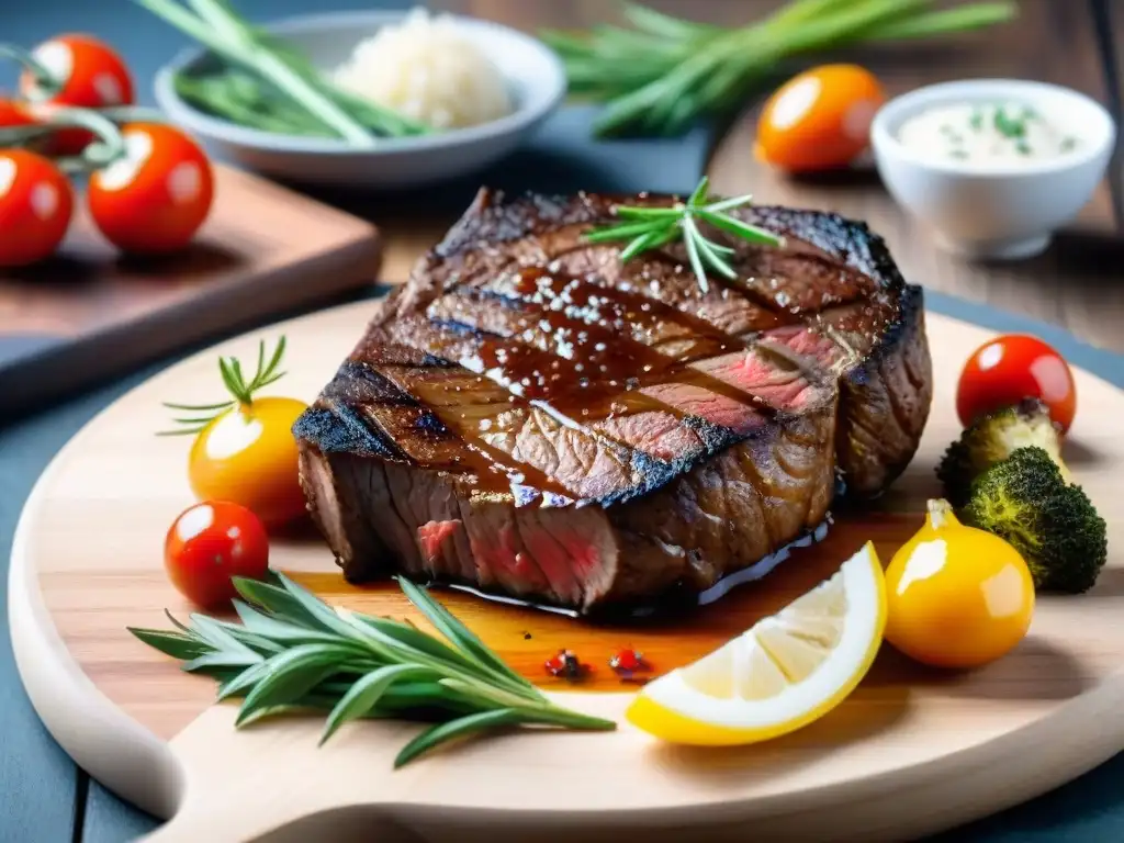 Deliciosa carne asada con salsa BBQ, hierbas frescas y vegetales asados, en una tabla de madera rústica