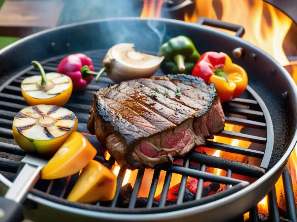 Una deliciosa carne asada uruguaya con técnicas tradicionales, en un entorno cálido al atardecer