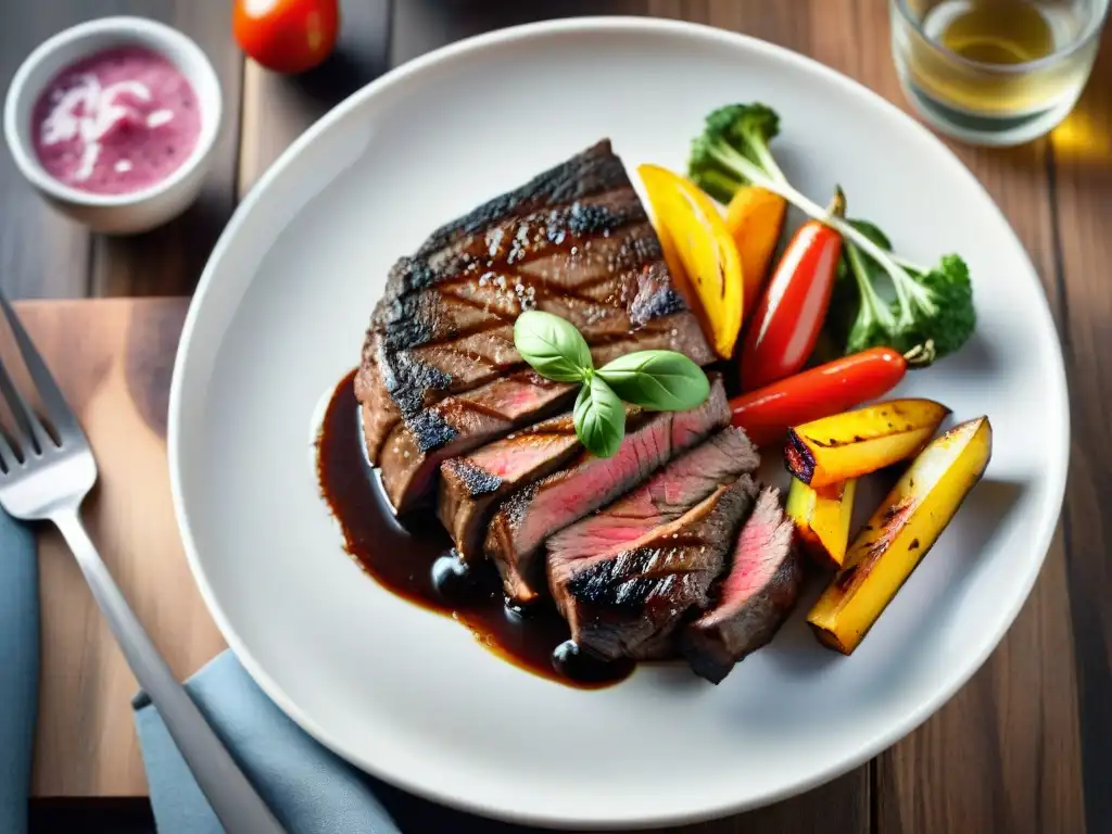 Deliciosa carne asada y vegetales asados en un plato blanco sobre fondo de madera