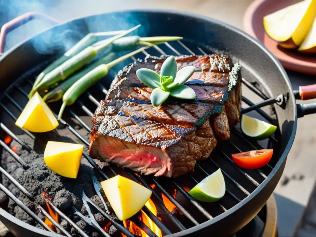 Deliciosa carne asada uruguaya con vegetales asados, goteando jugos, invocando los beneficios saludables del asado uruguayo