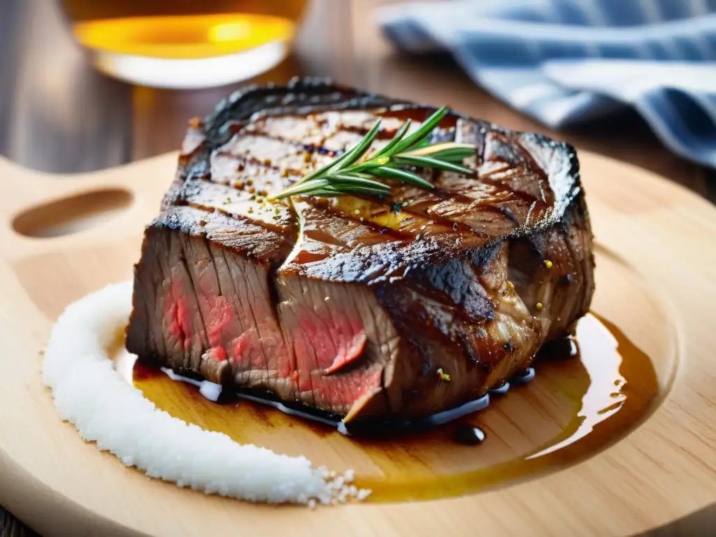 Deliciosa carne de importación para asado, jugosa y dorada en una tabla de madera, con sal y romero fresco