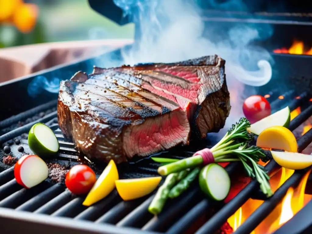 Una deliciosa carne de importación para asado, jugosa y perfectamente sellada en una parrilla caliente, rodeada de verduras a la parrilla