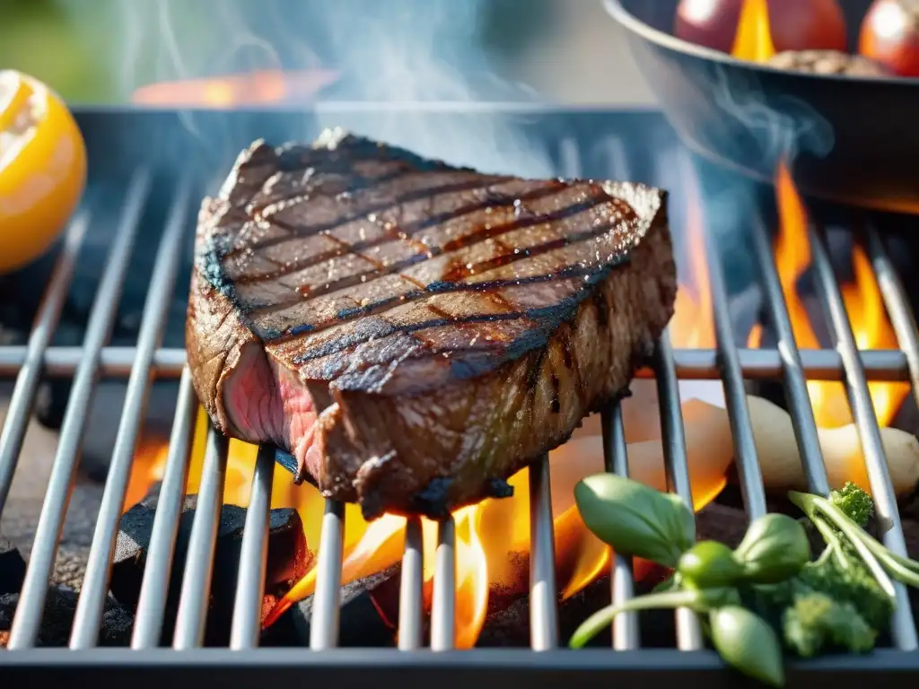 Una deliciosa química de la carne en asado: jugoso filete a la parrilla con vegetales vibrantes