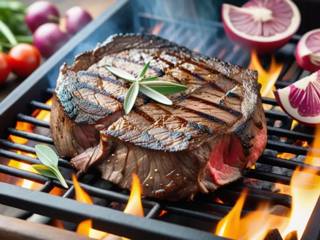 Deliciosa carne uruguaya para asado en parrilla, jugosa y perfectamente cocida, rodeada de hierbas frescas y vegetales coloridos