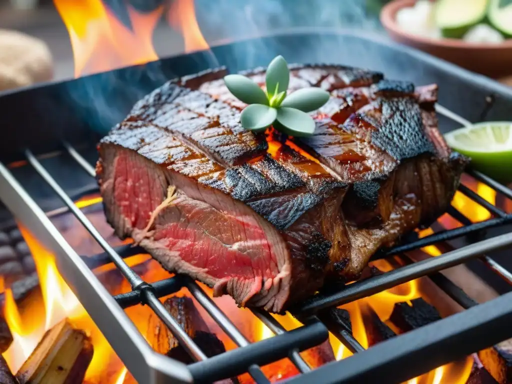 Deliciosa carne asado Uruguay en su punto, jugosa y con bordes caramelizados, bañada por la luz del sol