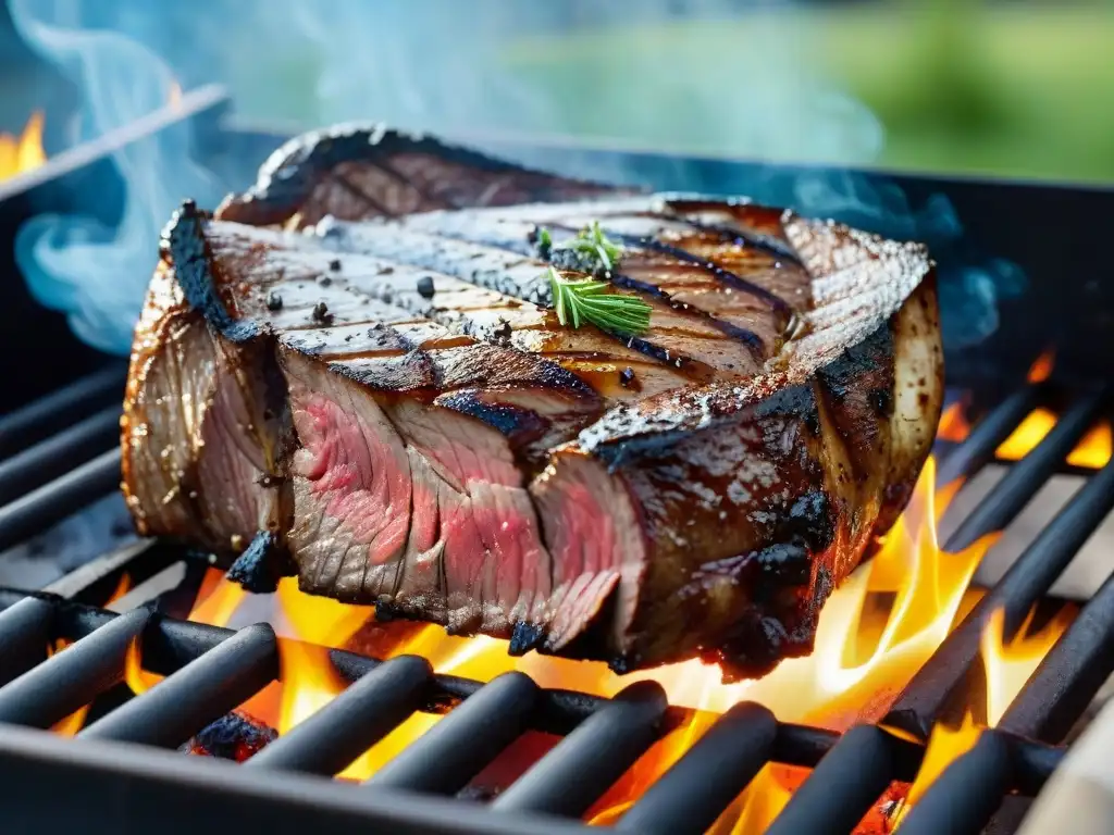 Deliciosa carne dorada en una parrilla premium para asados perfectos, rodeada de llamas y un escenario lujoso al aire libre