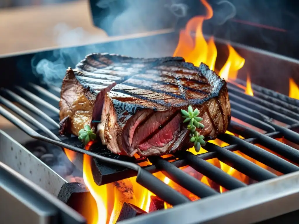 Una deliciosa carne dorada en la parrilla, con humo hipnotizante, en un entorno de barbacoa perfecta al atardecer