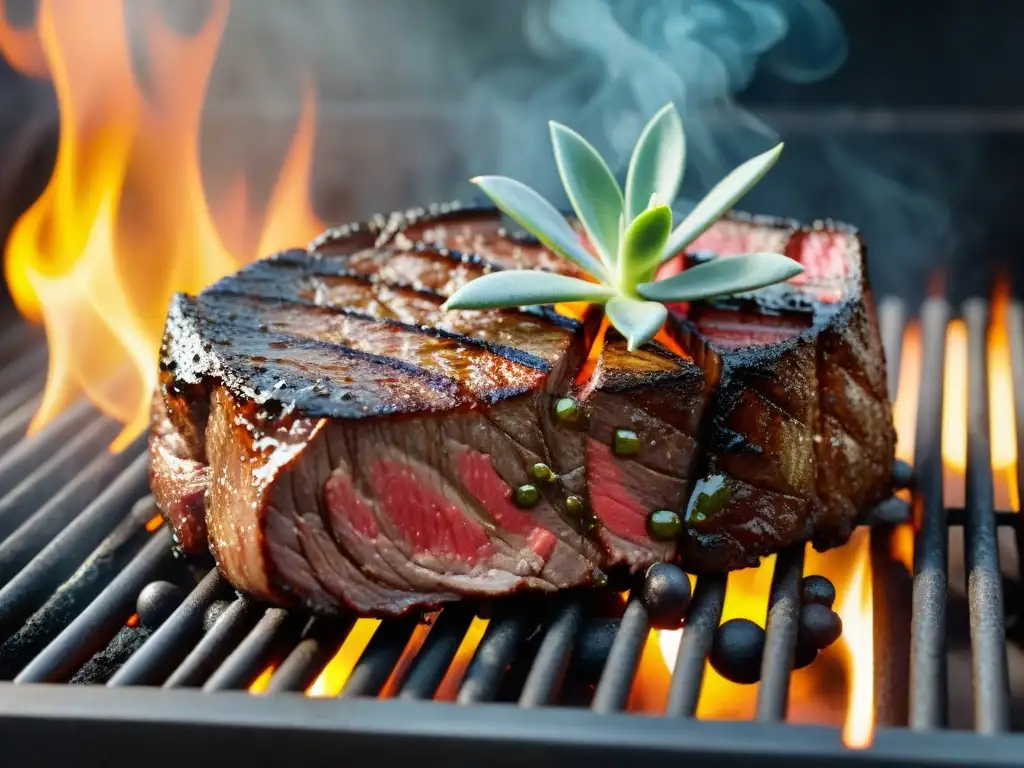 Deliciosa carne jugosa asándose en la parrilla, con hierbas aromáticas