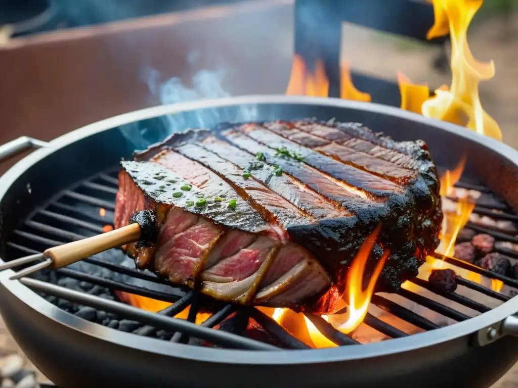 Deliciosa carne marinada asándose lentamente en un asador tradicional, con un cautivador juego de luces y sombras