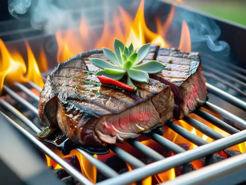 Deliciosa carne marinada asándose en parrilla al atardecer