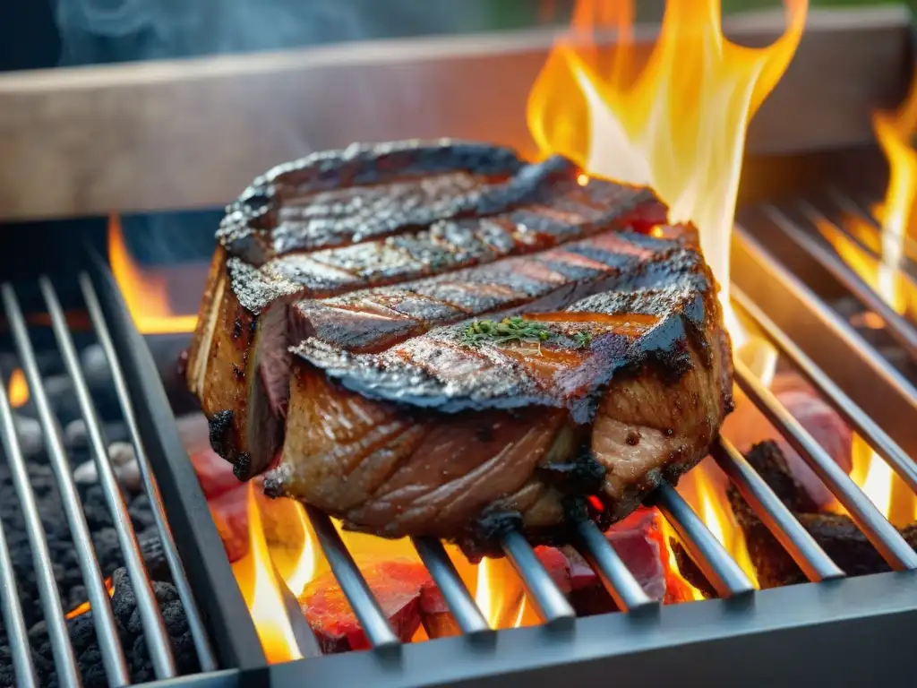 Deliciosa carne marinada perfecta para asado uruguayo sizzling en la parrilla al aire libre