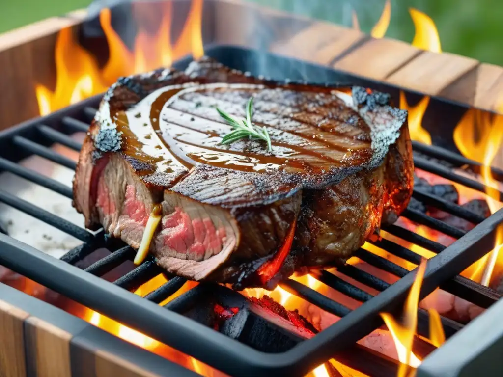 Deliciosa carne asándose en la parrilla al aire libre, resaltando la química de la carne en asado