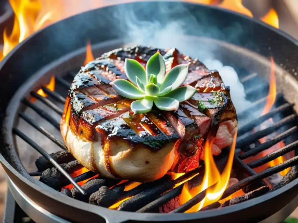 Deliciosa carne uruguaya a la parrilla, humeante y jugosa, con chimichurri y sal en una parrilla tradicional