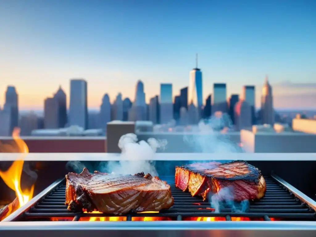 Deliciosa carne en la parrilla sin humo en un entorno urbano de lujo con un cielo azul claro