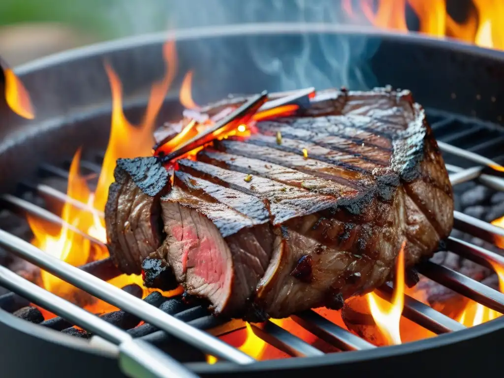 Deliciosa carne a la parrilla con impacto visual de tiempo y temperatura, jugosos jugos y marcas de parrilla