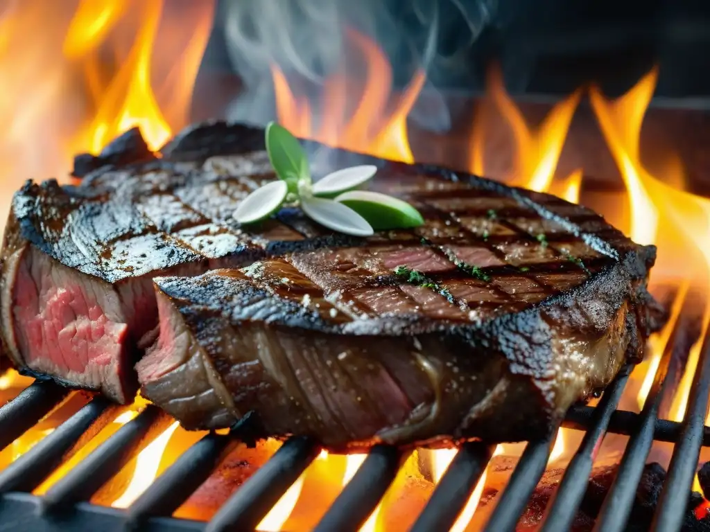 Deliciosa carne uruguaya a la parrilla con técnicas alta cocina para asado, jugosa y perfectamente cocida