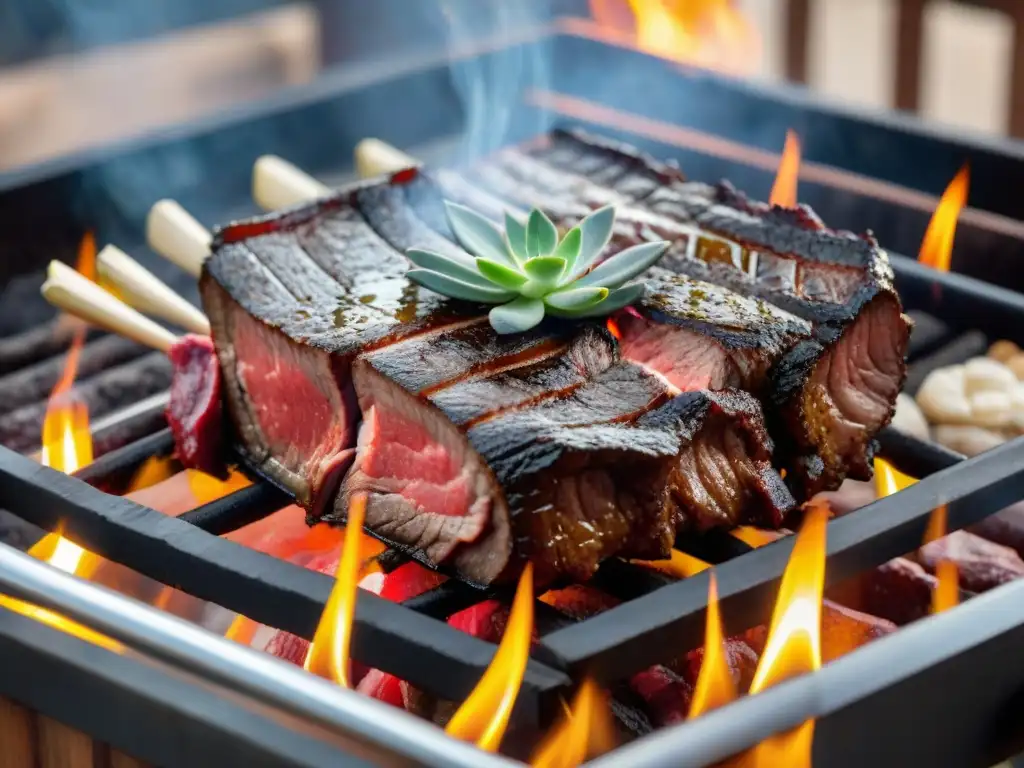 Deliciosa carne asándose en parrilla uruguaya, con termómetros para asado carne perfecta y bandera al viento