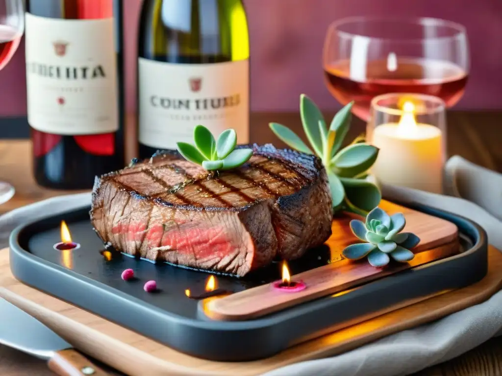 Deliciosa carne a la parrilla con vinos rosados, velas y copas elegantes