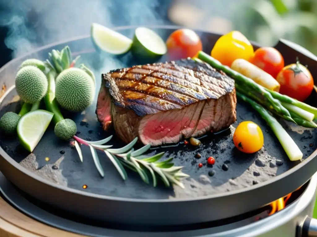 Deliciosa carne asándose en piedras, rodeada de vegetales y hierbas coloridas en una parrilla, creando una escena apetitosa