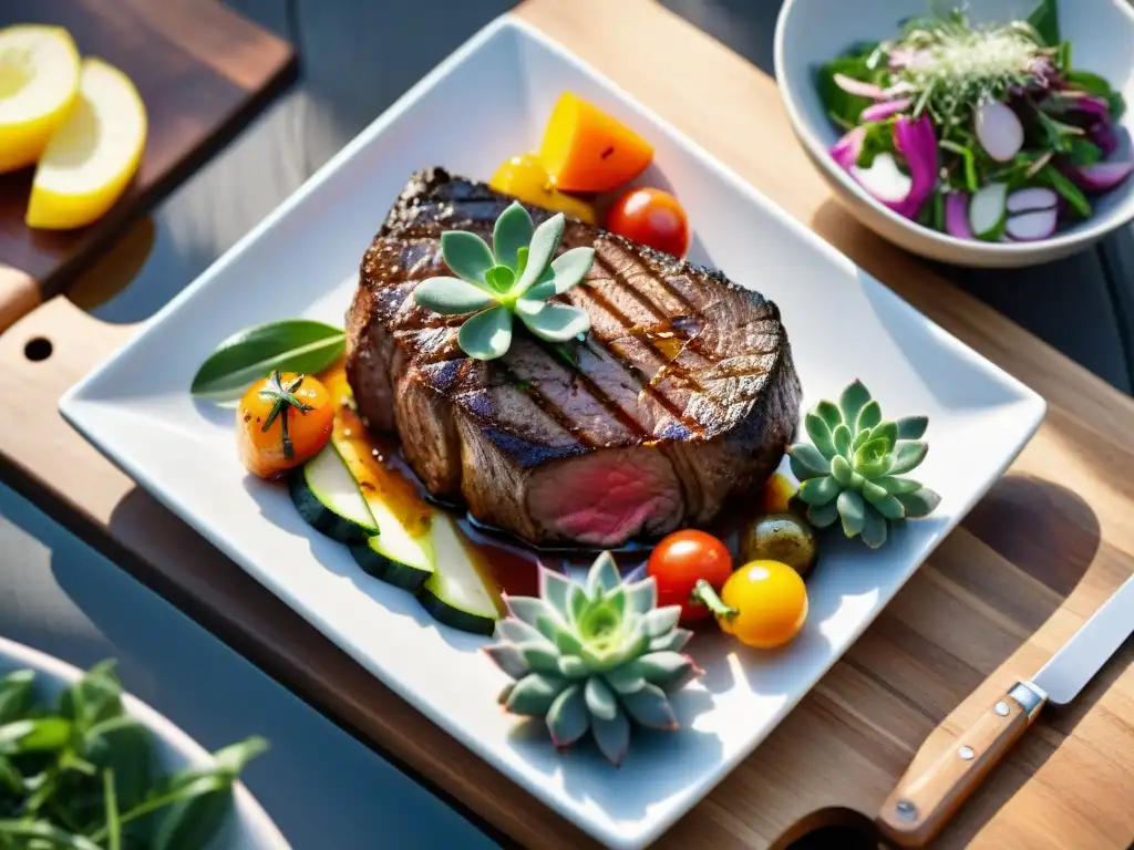 Deliciosa carne roja asada con hierbas frescas y vegetales asados, en una mesa rústica al aire libre, evocando beneficios carne roja salud