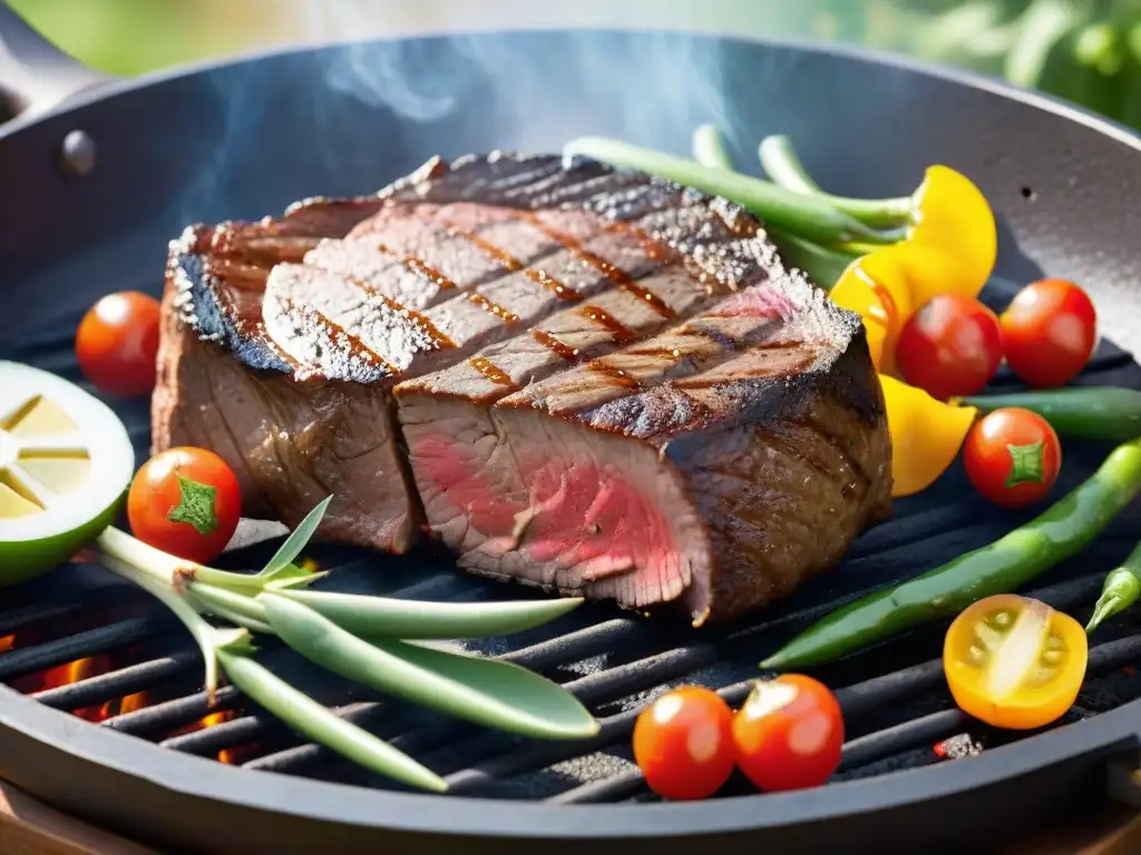 Deliciosa carne roja a la parrilla rodeada de vegetales frescos, en un escenario soleado y acogedor