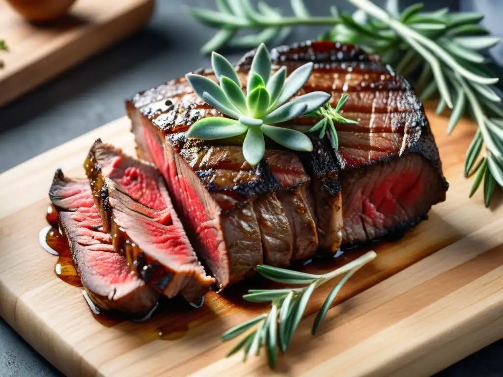 Deliciosa carne roja en su punto rodeada de hierbas frescas, evocando indulgencia y los beneficios de la carne roja para la salud