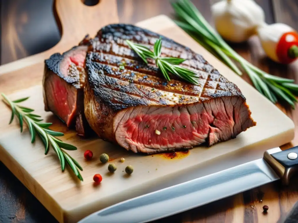 Deliciosa carne en una tabla de madera, sazonada con hierbas frescas