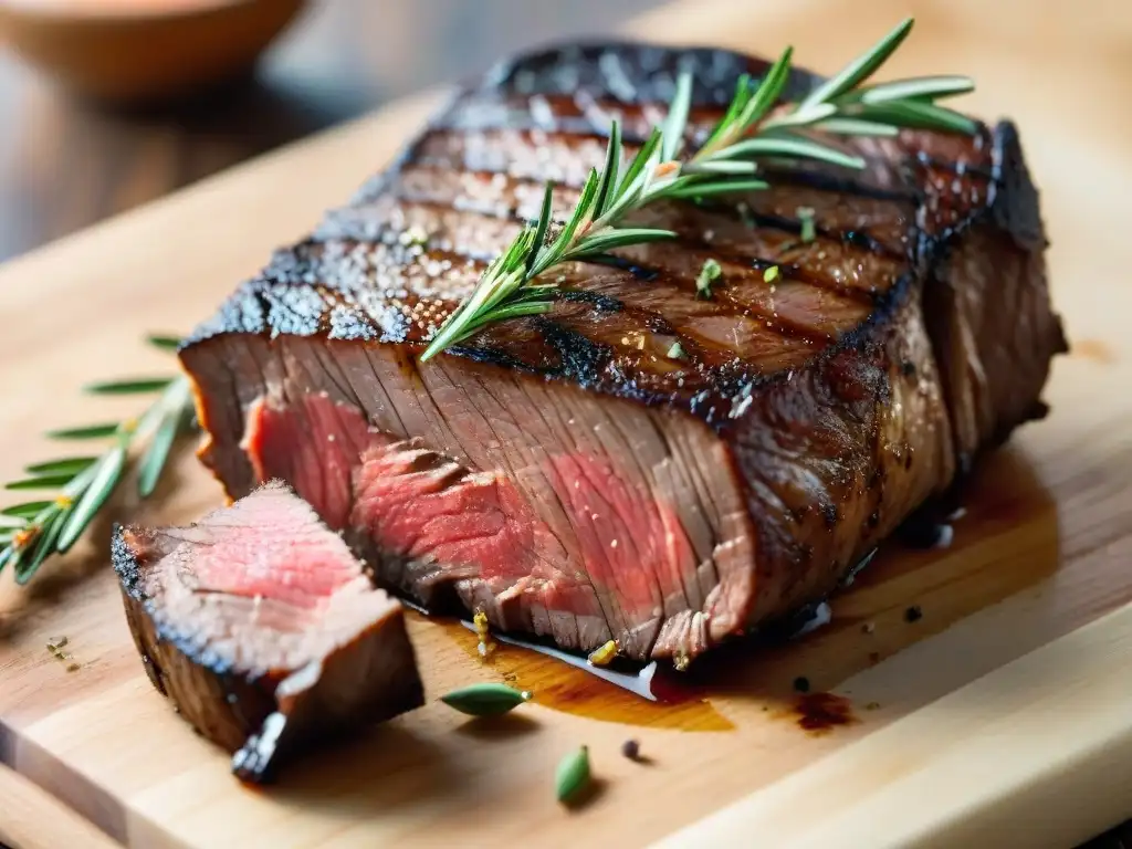 Deliciosa carne a temperatura en corte de madera con romero y sal marina, técnicas de asado a temperatura