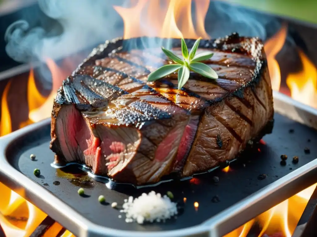 Deliciosa carne a temperatura perfecta, con hierbas frescas y sal marina, asándose en la parrilla con humo, técnicas de asado a temperatura