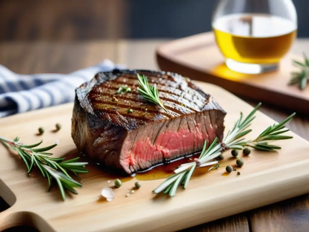 Deliciosa carne tierna asada en punto medio, acompañada de hierbas frescas y sal, en una atmósfera cálida de cocina