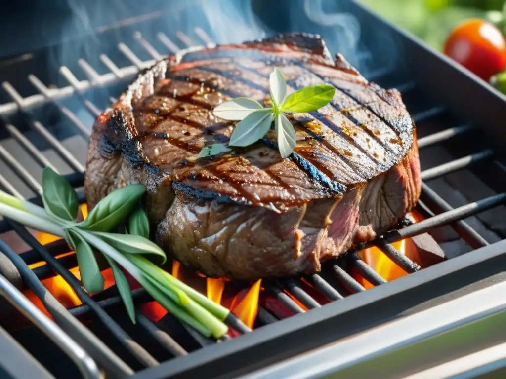 Deliciosa carne tierna asándose en la parrilla con vegetales a la parrilla