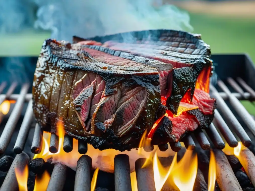 Deliciosa carne uruguaya asándose expertamente en parrilla, rodeada de brasas y humo, bajo cielo azul en campo