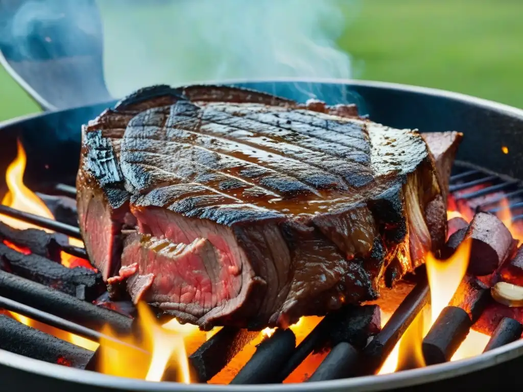 Una deliciosa carne uruguaya asándose en parrilla, jugos y grasas creando una costra perfecta