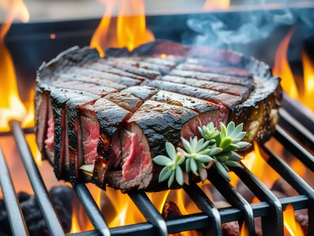 Deliciosa carne uruguaya asándose en una parrilla tradicional, con el aroma de las tradiciones del asado uruguayo en el aire