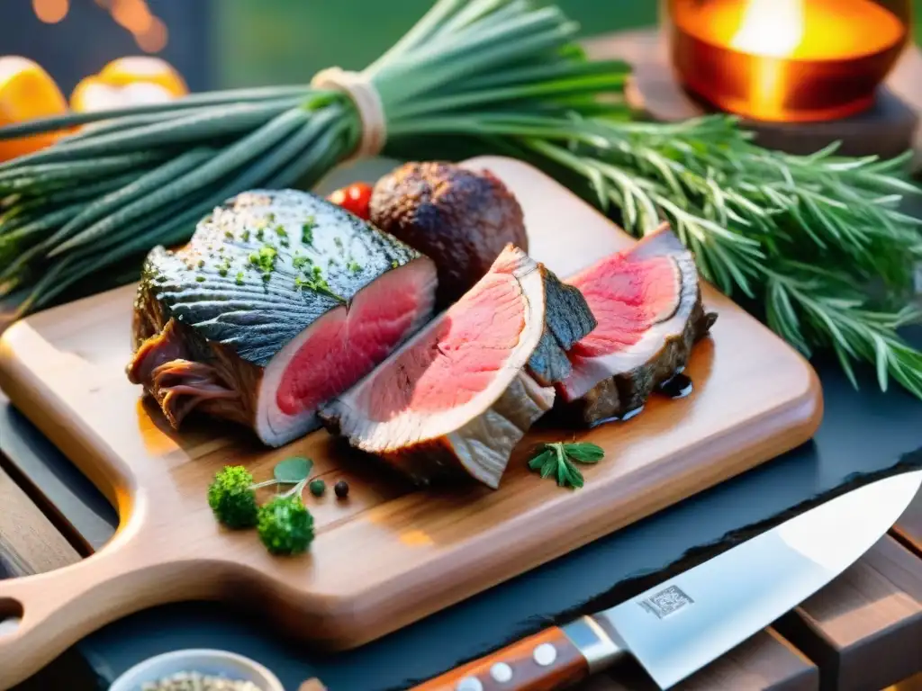 Deliciosa selección de carnes exóticas en una tabla de cortar de madera, lista para asar al aire libre al atardecer