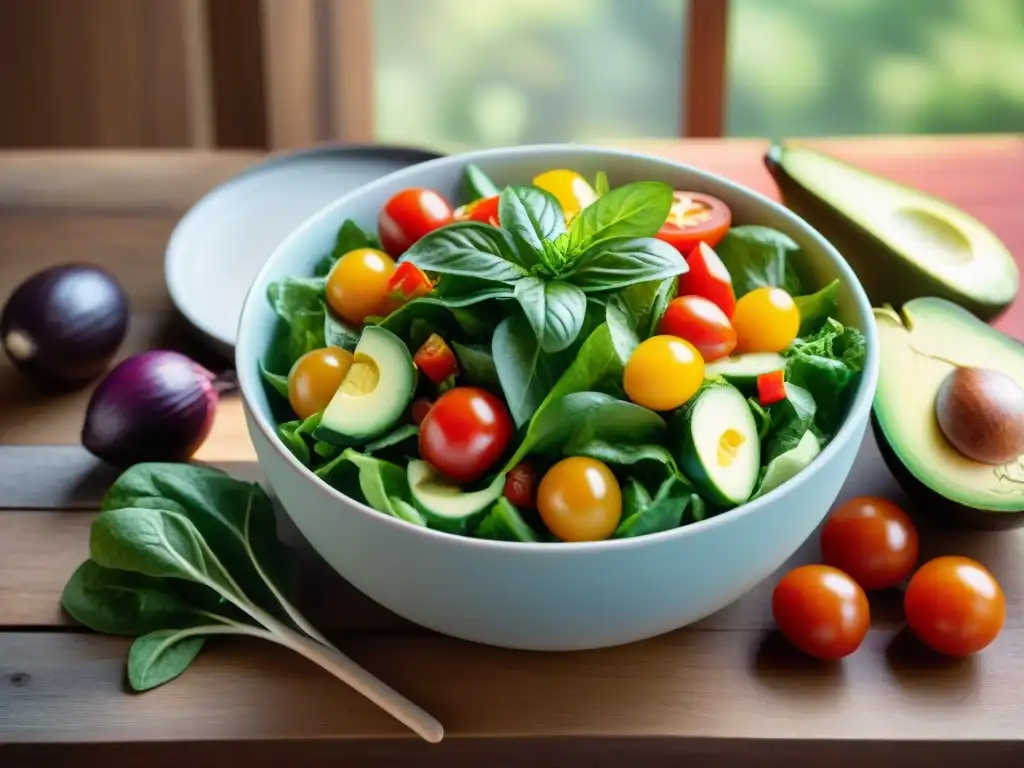 Una deliciosa y colorida ensalada en una mesa rústica, ideal para acompañar un asado uruguayo