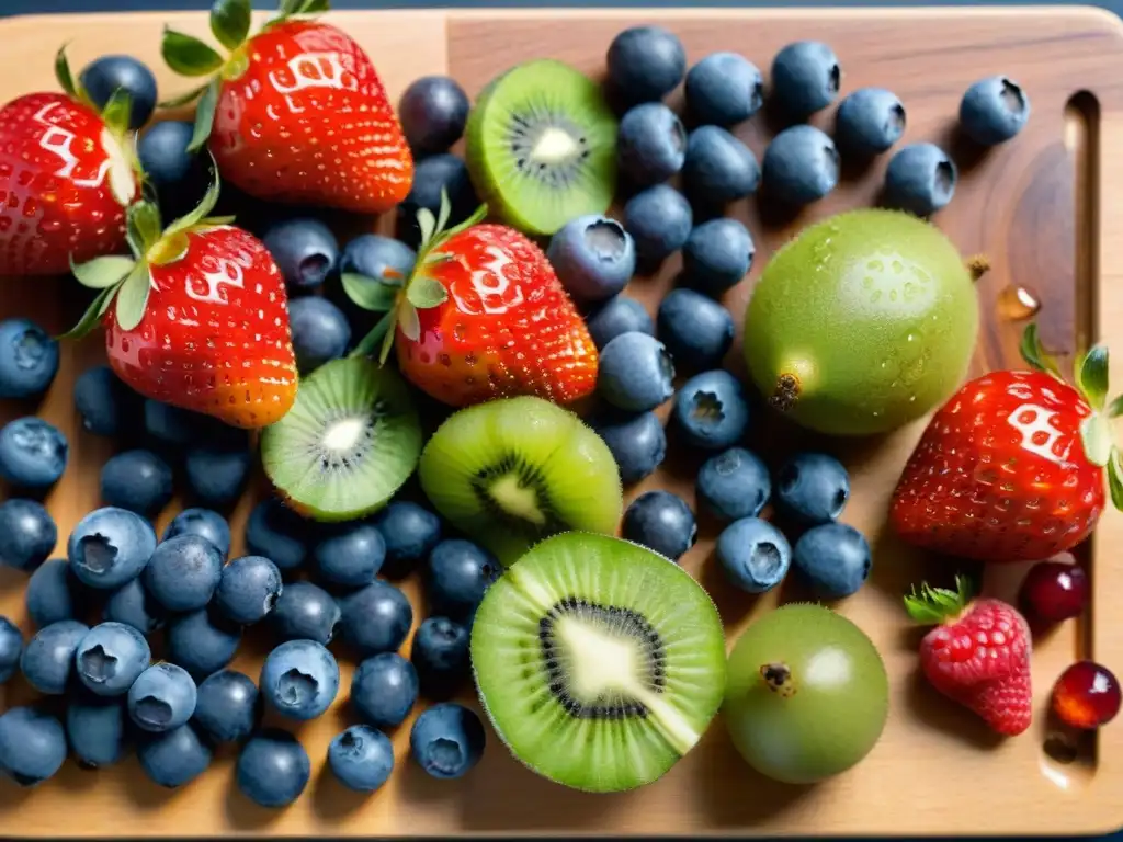 Una deliciosa y colorida selección de frutas frescas sobre tabla de madera, listas para una tarta jugosa