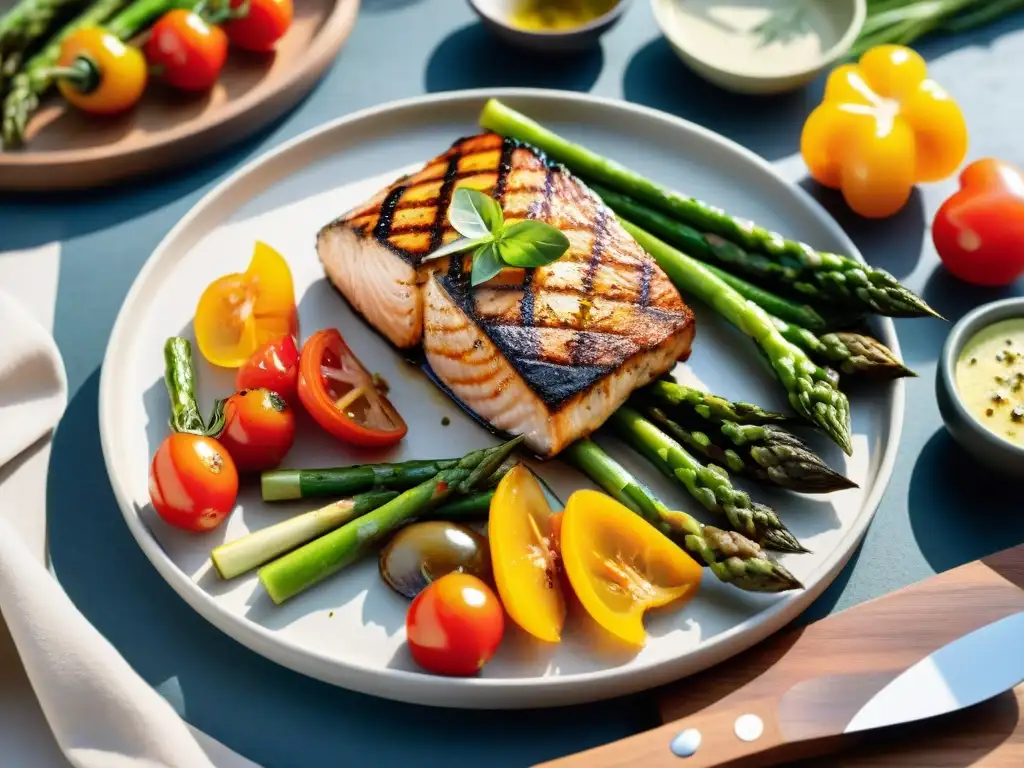 Una deliciosa y colorida parrillada saludable con verduras y carnes a la parrilla, perfecta para disfrutar al aire libre