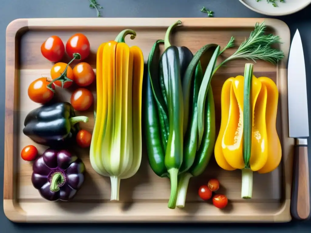 Una deliciosa composición de vegetales asados con bordes caramelizados, aceite de oliva y hierbas frescas