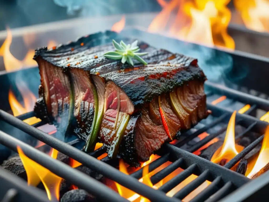 Deliciosa costilla de res asándose lentamente en una parrilla de carbón, con humo y marinada brillante al sol