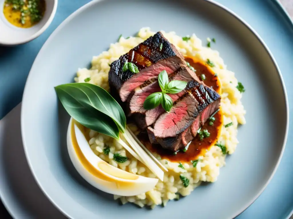 Deliciosa fusión culinaria: asado uruguayo e italiana con steak y risotto, decorado con chimichurri, albahaca y parmesano