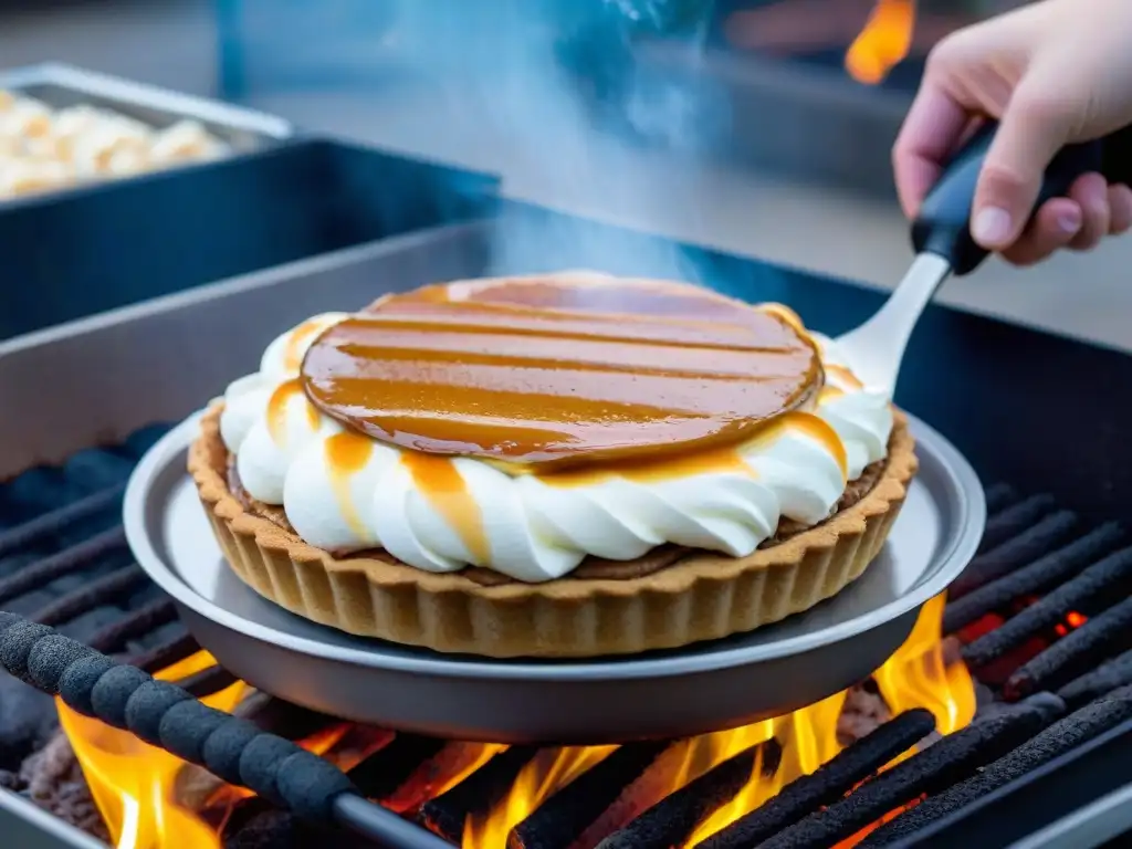 Deliciosa Tarta Banoffee siendo dorada en la parrilla, con un toque rústico de humo