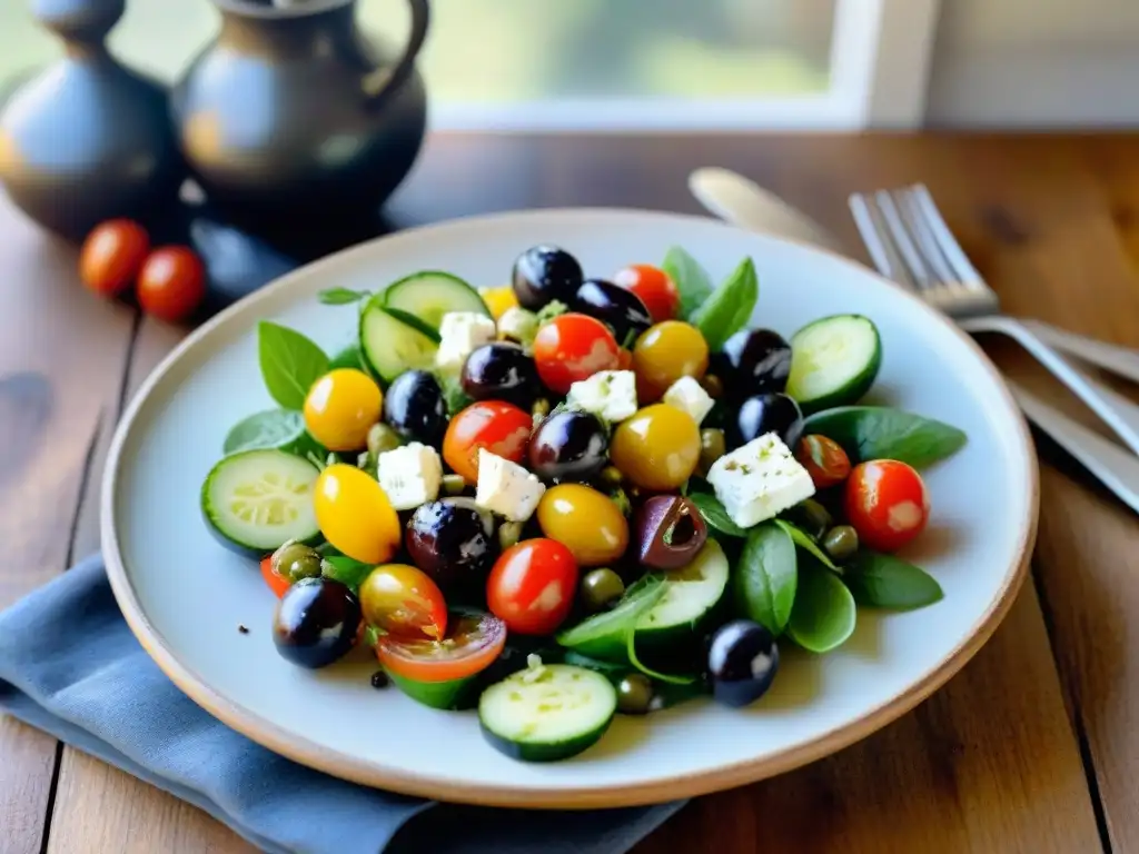 Deliciosa ensalada griega en mesa rústica con tomates cherry, pepino, queso feta, aceitunas y aderezo, resaltando frescura