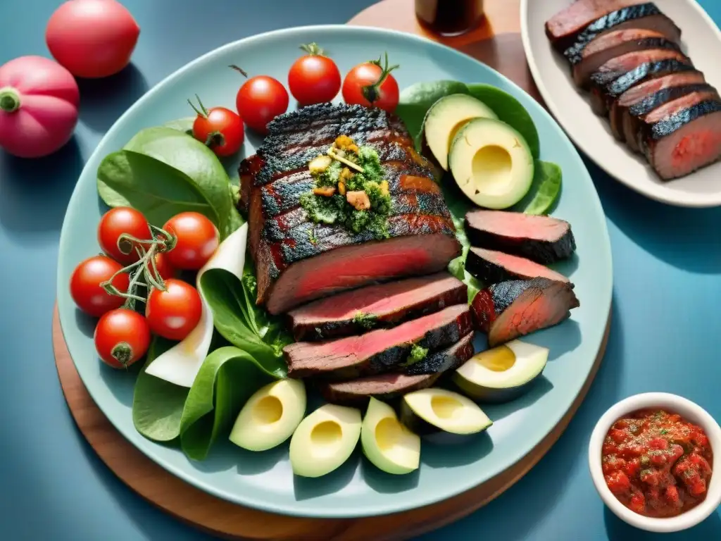 Una deliciosa ensalada perfecta para asado uruguayo con variedad de carnes a la parrilla y frescos vegetales